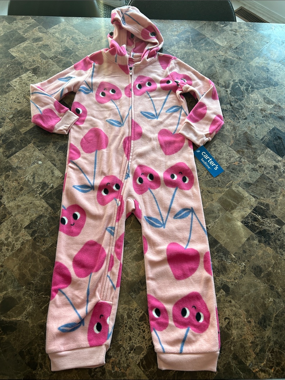 NWT 🆕 Carter's Pink Cherry Hooded Fleece One-Piece Winter Pyjama size 4T